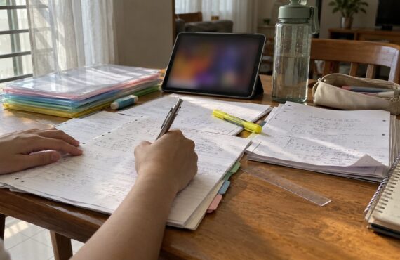 Hands writing in a notebook on a wooden table beside tabbed notes, a highlighter, sheet protectors and a ruler, lit by window light.